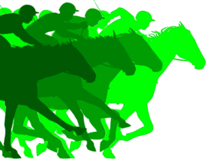 horses and jockeys in silhouette