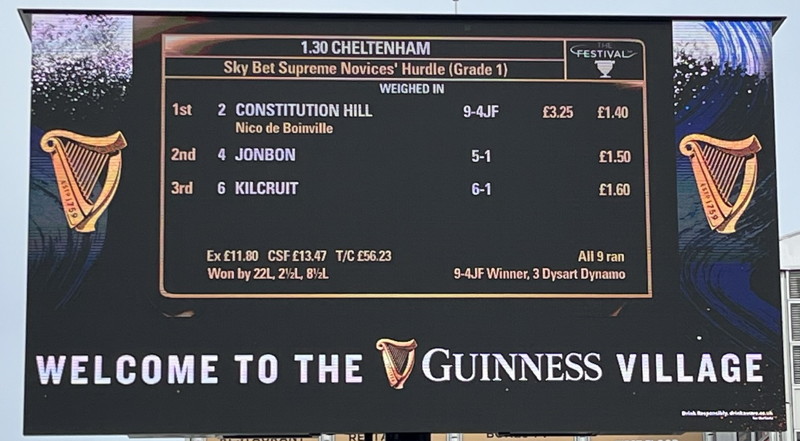 supreme novices hurdle race board showing winners