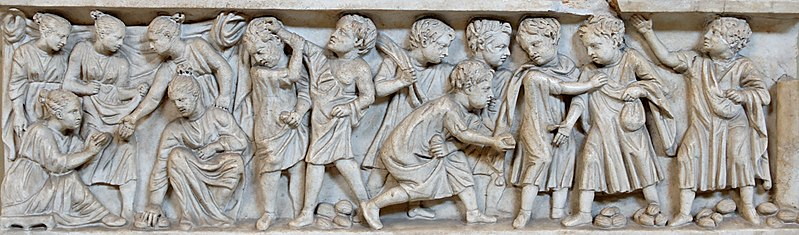 panel from a sarcophagus showing roman children playing nuts