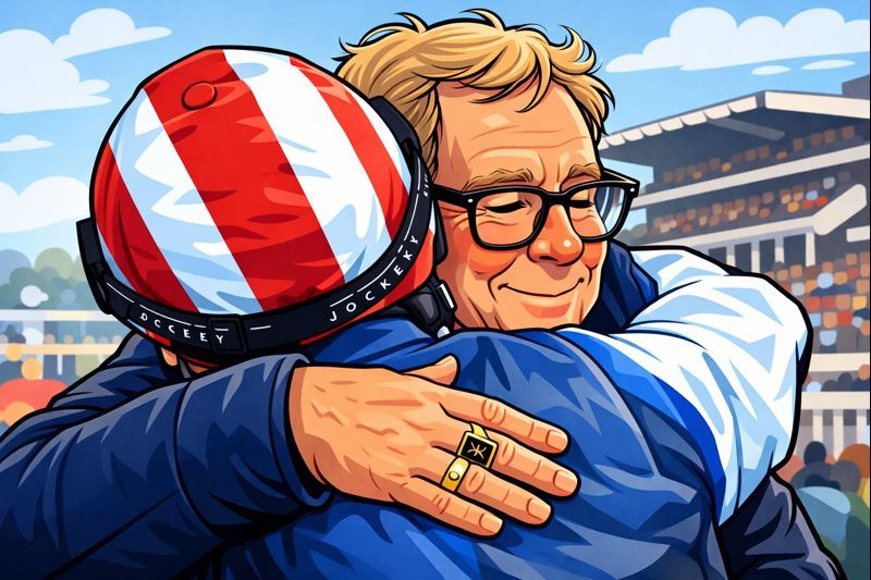 harry redknapp owner of jukebox man congratulates jockey after king george vi win illustration