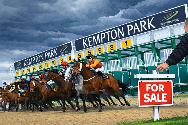 kempton park race starting from stalls with for sale sign