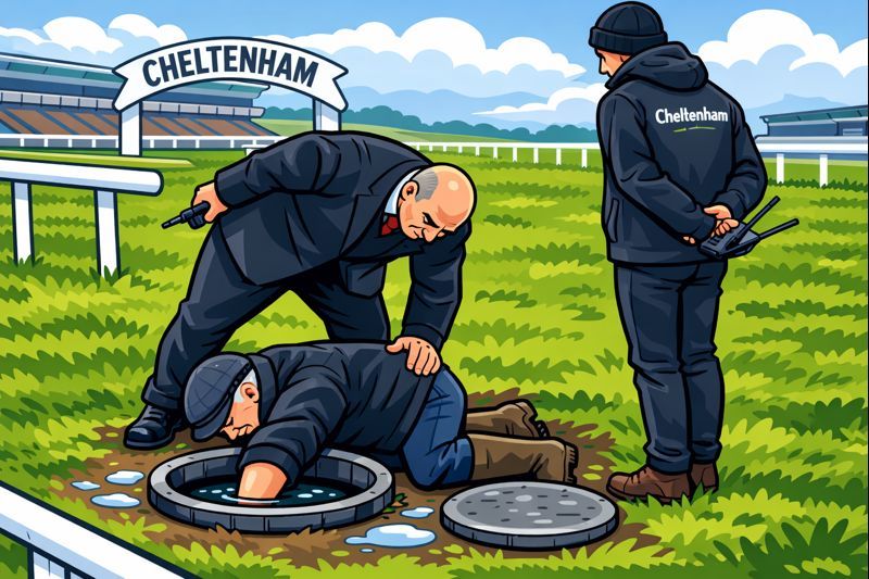 drainage hole on track at cheltenham cartoon