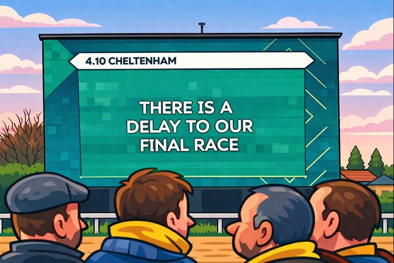illustration race board at cheltenham racecourse showing a message that states the final race will be delayed